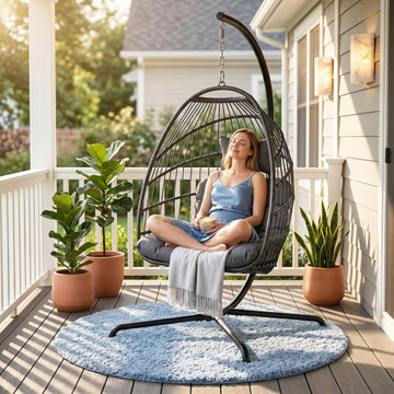 With Stand, Foldable Hanging Egg Chair Outdoor | 350 Lbs Heavy Duty, Foldable, PE Rattan Wicker Egg Swing Chair