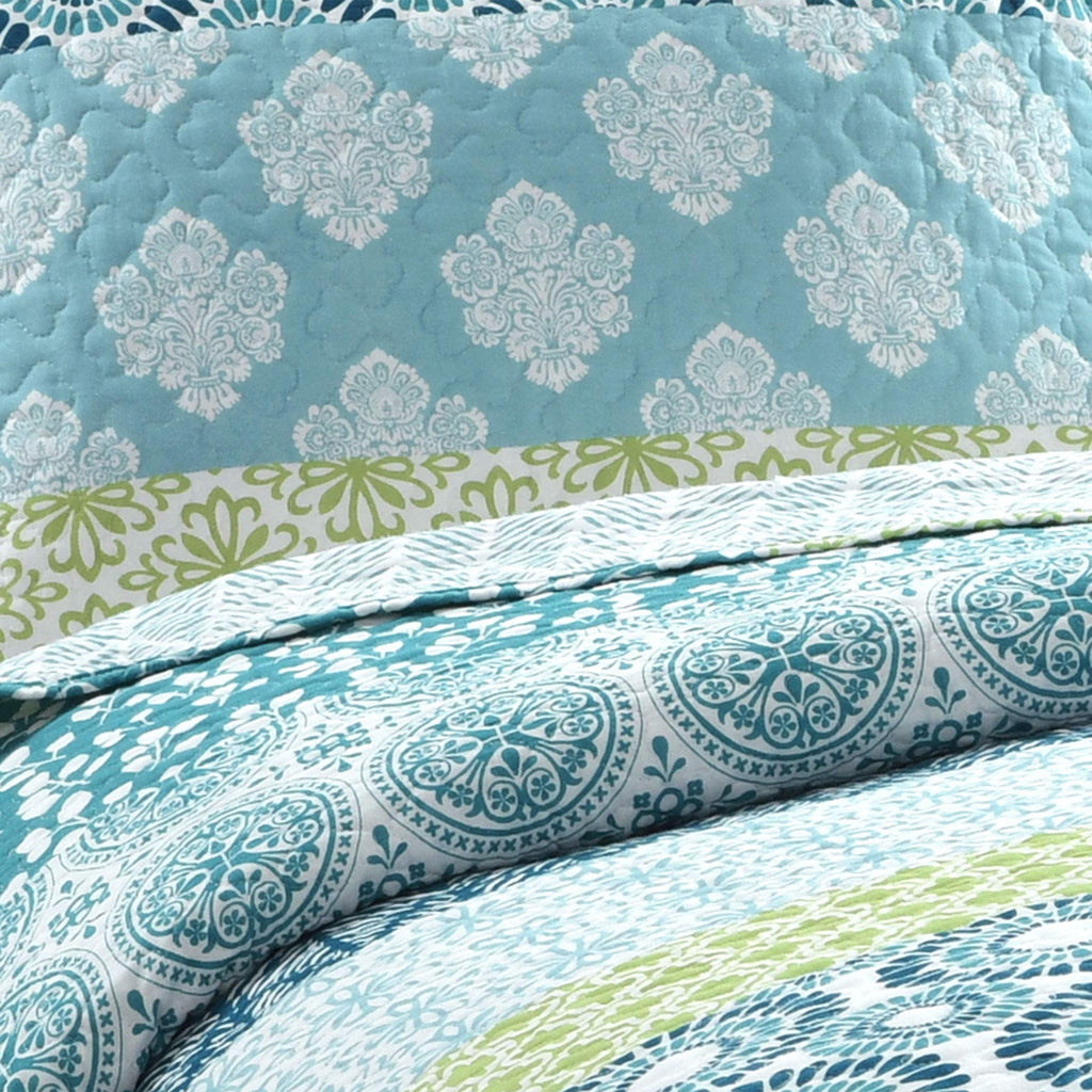 Bohemian Stripe Reversible Cotton Quilt Set, 3 Piece Set, Blue & Green - Striped Bedding Set - Blue Quilt