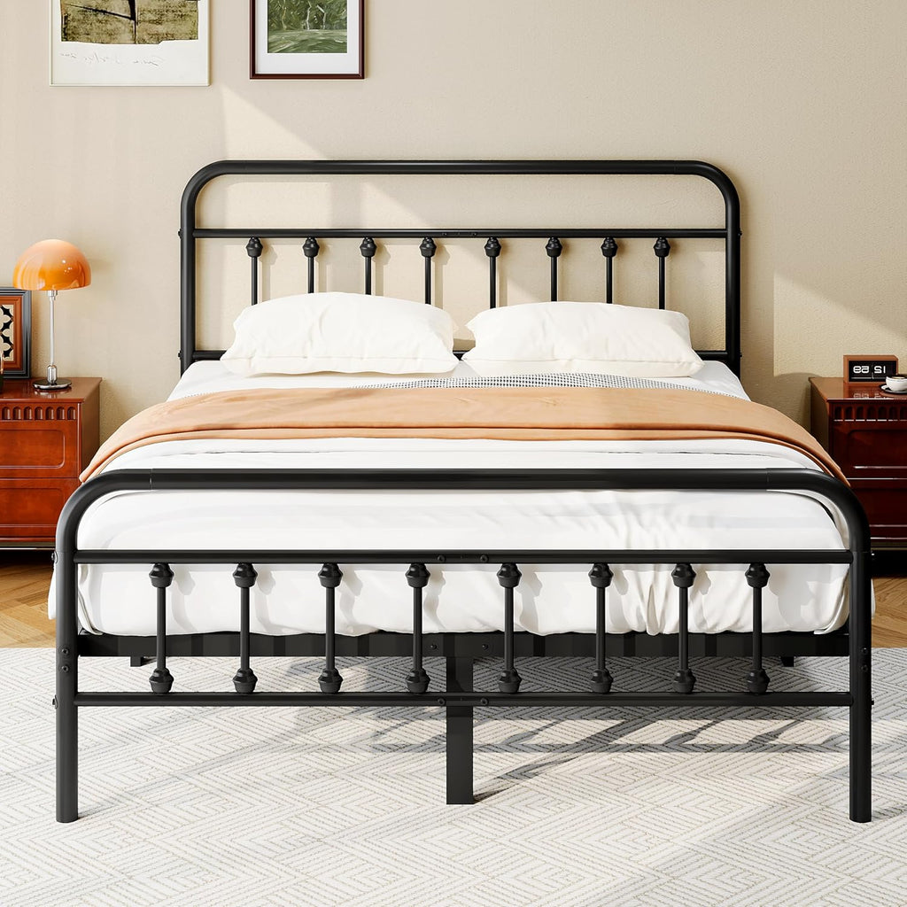 Full Metal Platform Bed Frame/Victorian Style Headboard and Footboard/Steel Slat Support/Easy Assembly/No Box Spring