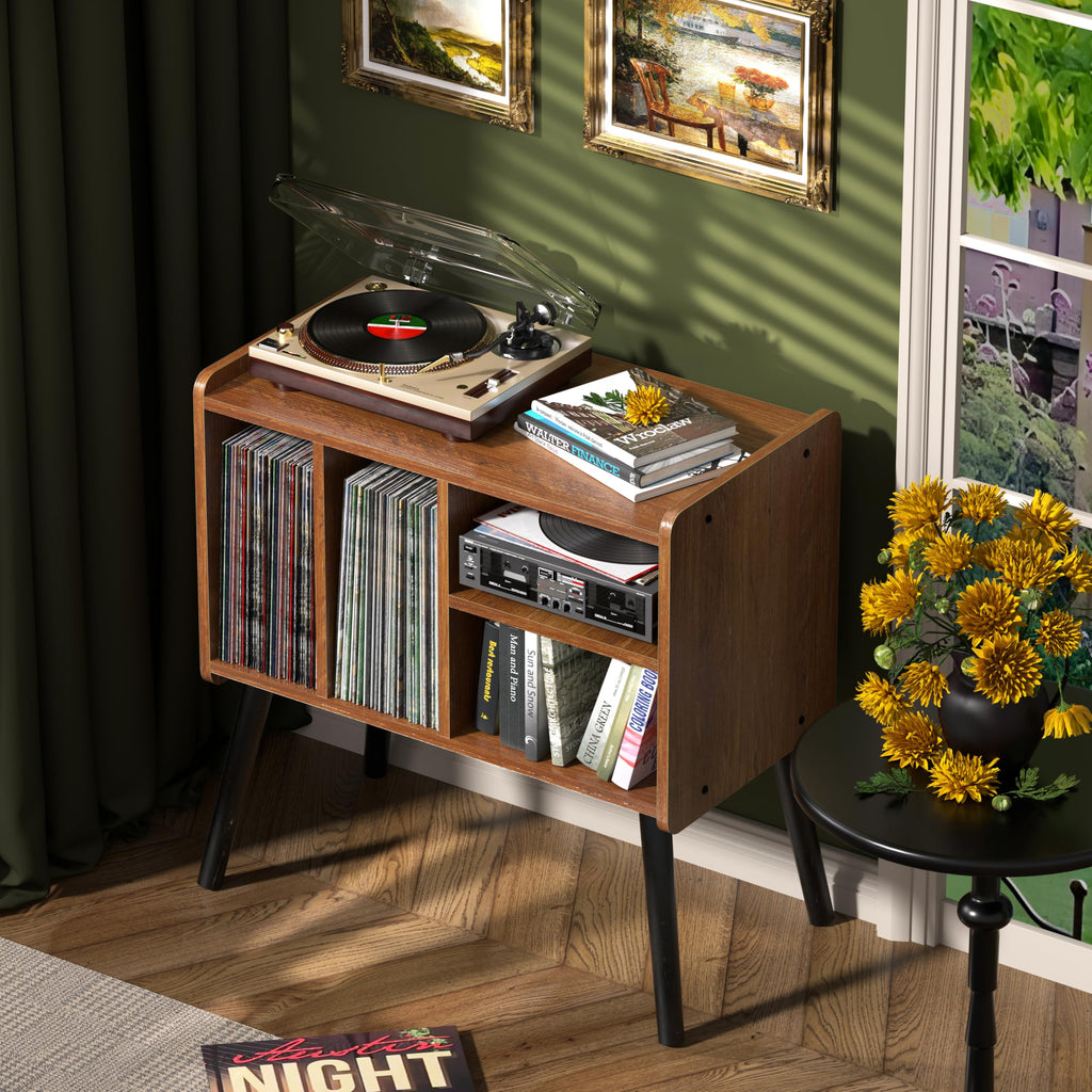 Record Player Table, Mid-Century Record Player Stand with Vinyl Storage Hold Up to 150+ Albums, Vinyl Record Cabinet