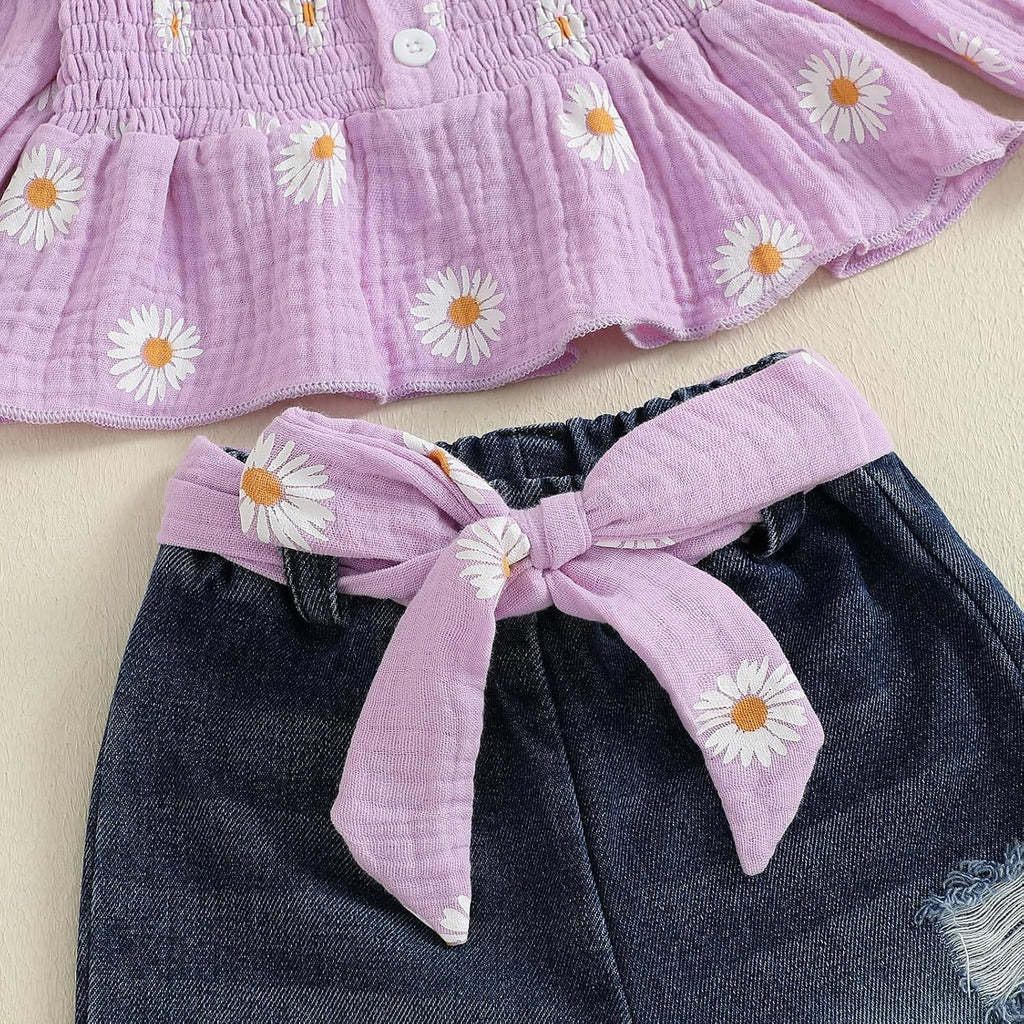 Toddler Baby Girl Clothes Linen Smocked Daisy Flutter Top Jeans Denim Pants Set Little Girls Fall Winter Ruffle Outfit