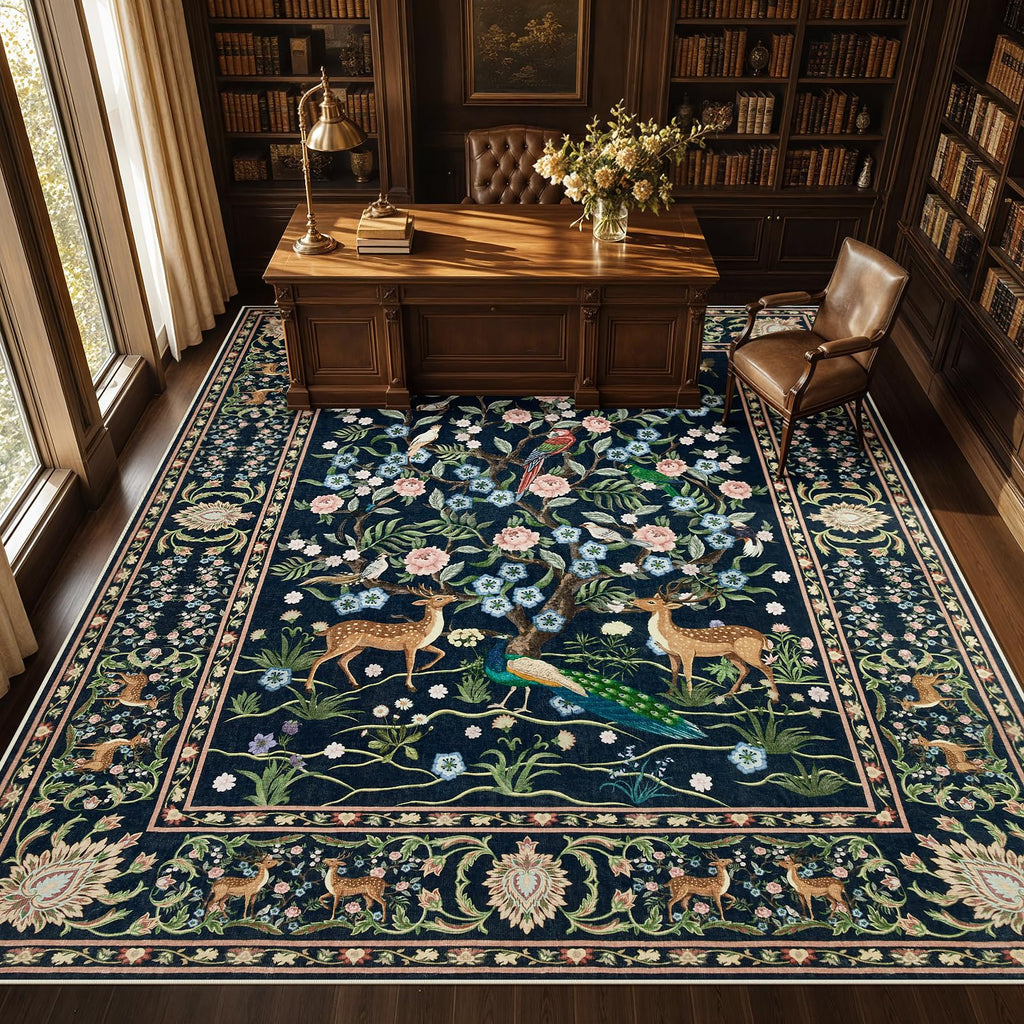 Area Rugs, Washable Boho Floral Large Carpet Black