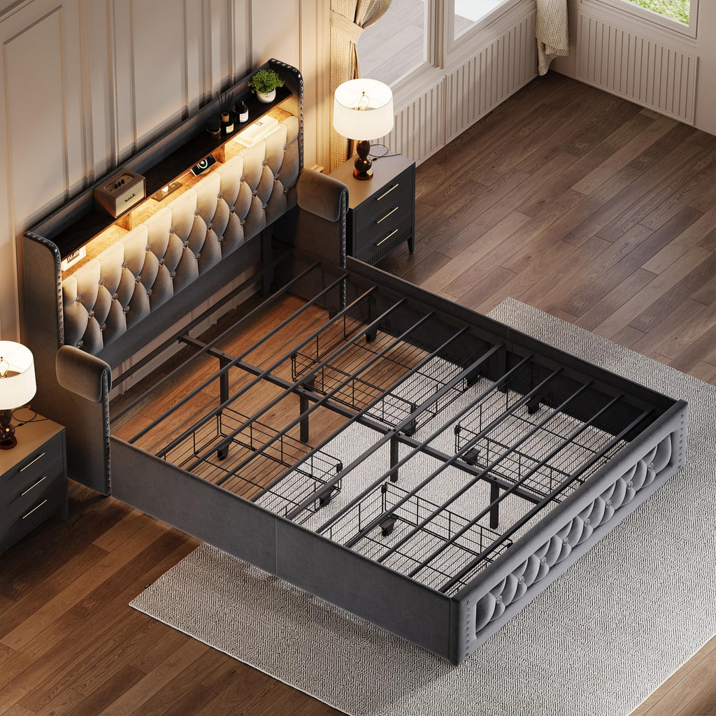 Queen Size Bed Frame with 4 Storage Drawers, Velvet Upholstered Queen Platform Bed with Charging Station and Bookcase