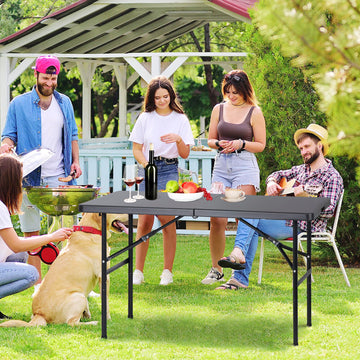 4ft Portable Folding Table Plastic Indoor Outdoor Picnic Party Camp Dining Table with Handle, Black