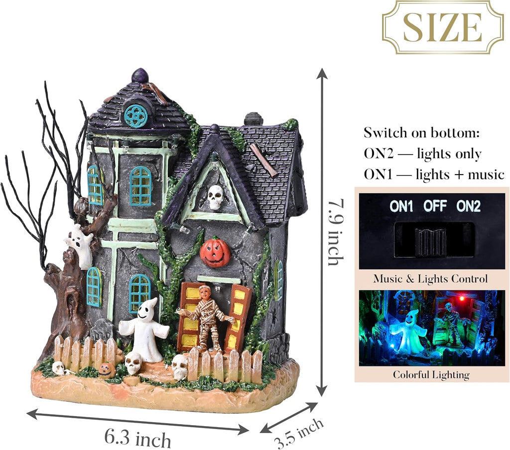 Halloween Decorations, Lighted Halloween Village Houses with Music and LED Lights, Resin Spooky Town Mummy's Haunted