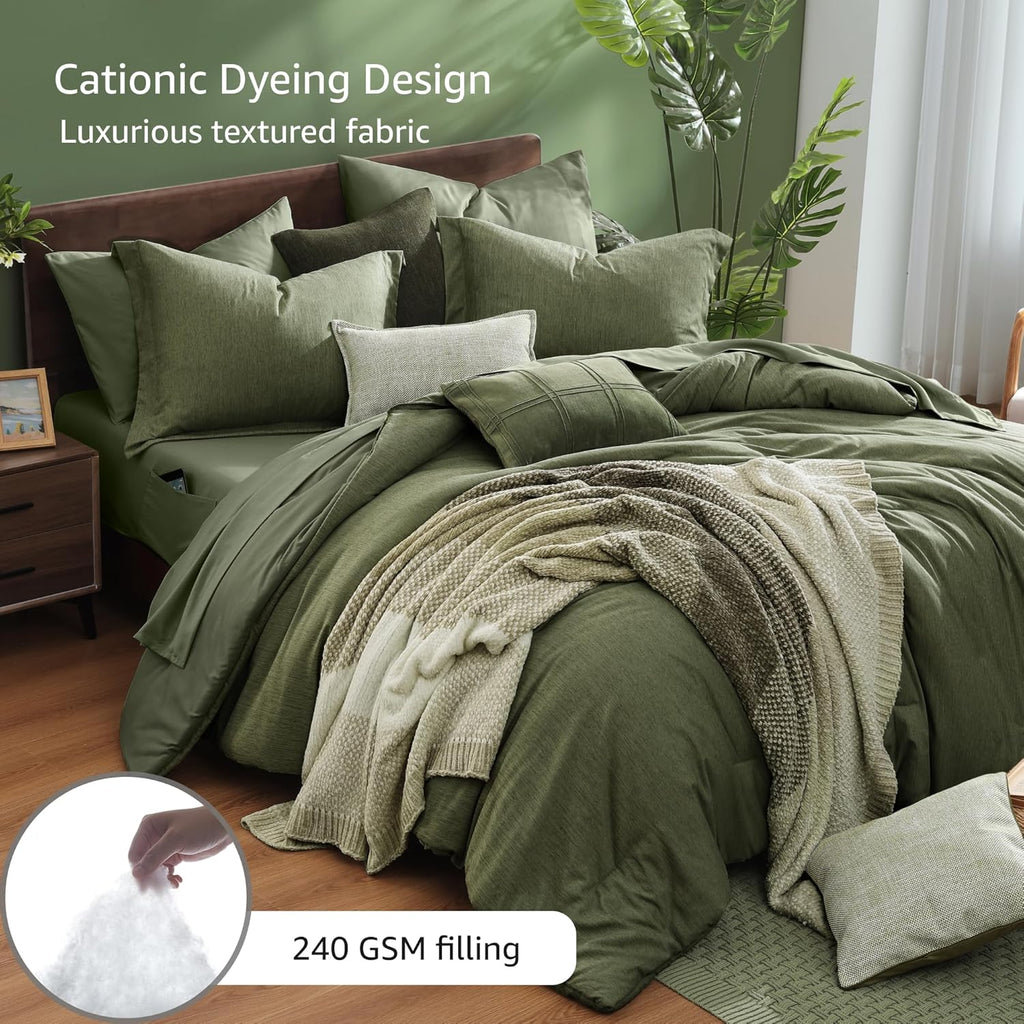 Monbix King Comforter Set, Olive Green King Bed Set Reversible, King Comforter Set 7 Pieces