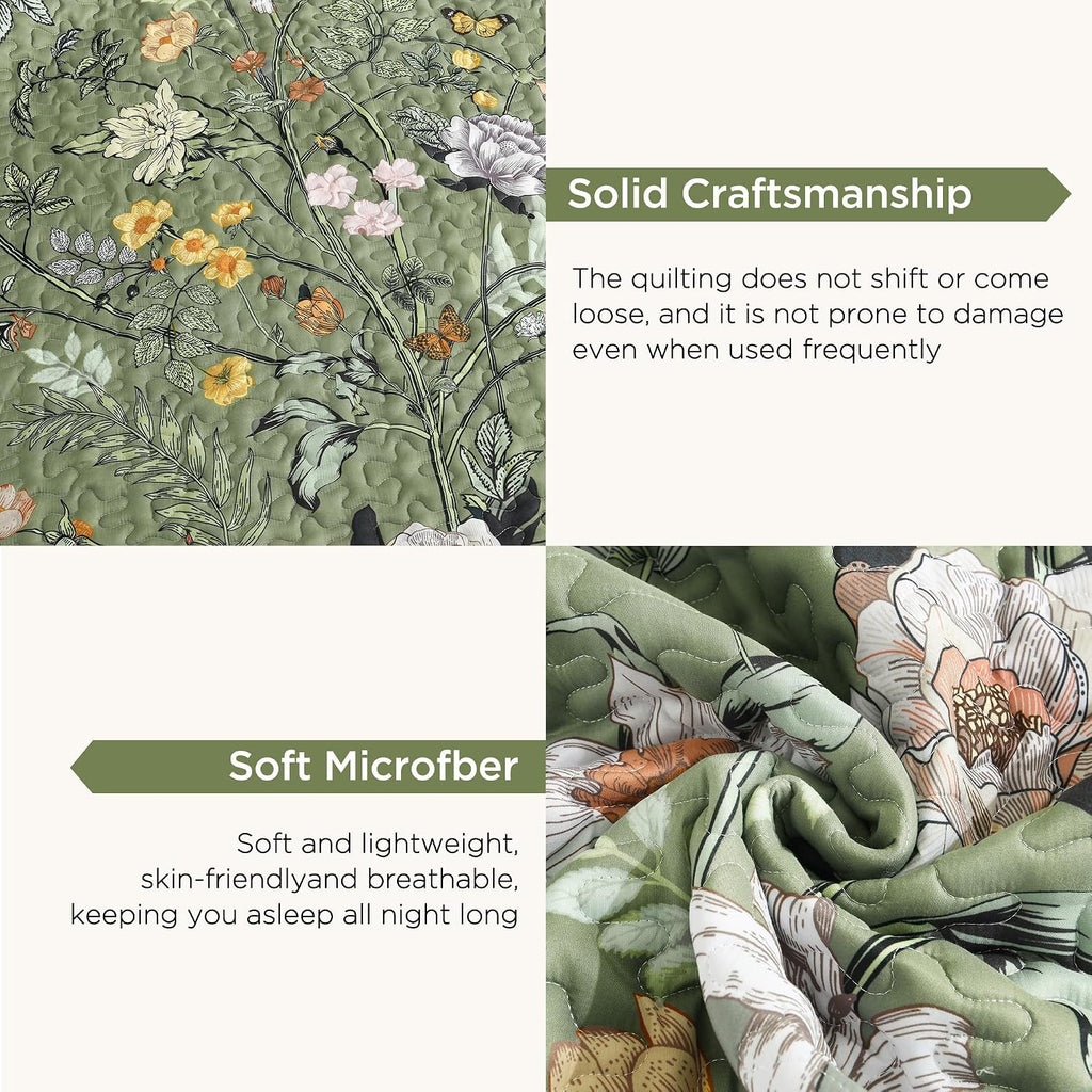 Floral Green Quilt California King - 3 Pieces Cal King Sage Botanical Birds Pattern Quilt Bedding, Spring Lightweight
