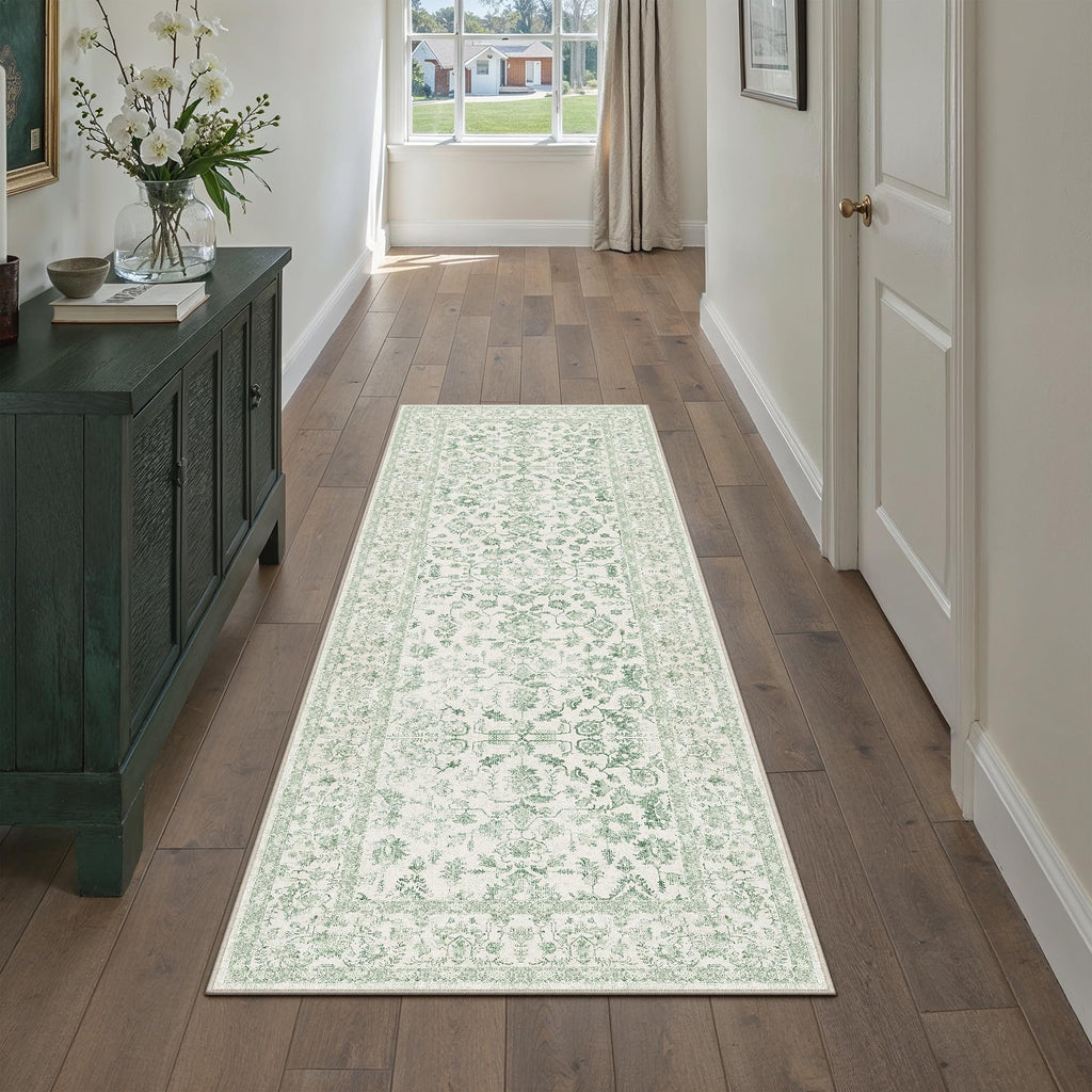 2x5 Green Runner Rug Washable Hallway Non Slip Kitchen Vintage