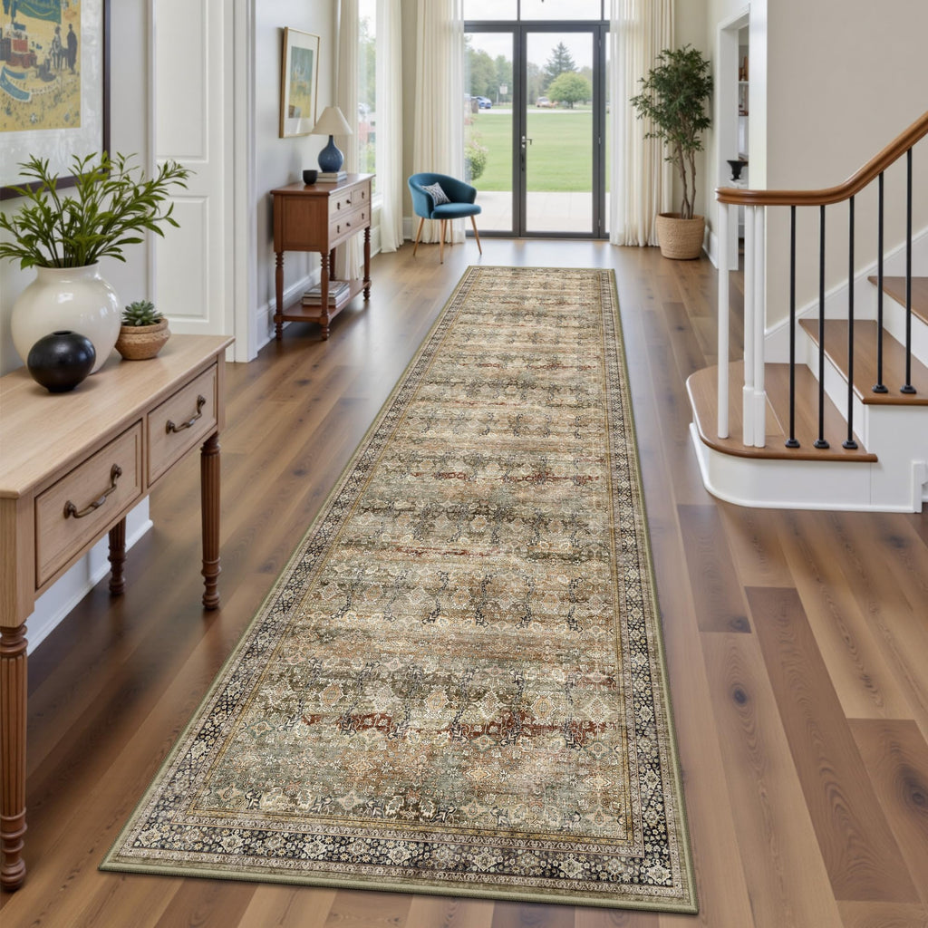 Hallway Runner Rug, Washable Vintage Retro Long Runner Rugs Laundry, Soft Ultra Thin Non Slip Low Pile