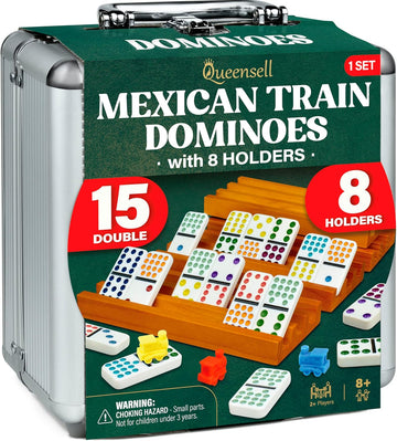 Mexican Train Dominoes Set Double 15 with 8 Holders - Wooden Hub and Tiles Holders - Double 15 with Dots (D15 + 8