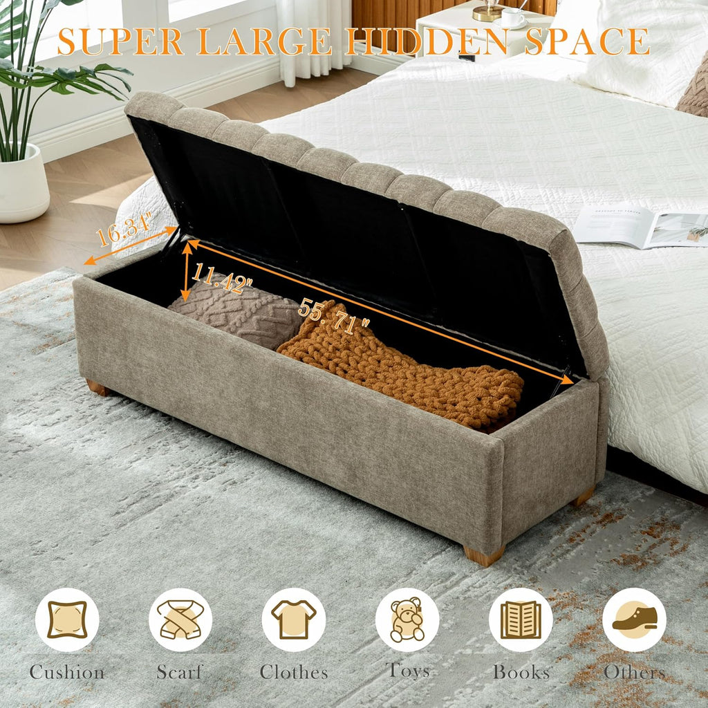 60.2'' W Storage Ottoman Bench, Chenille Upholstered Ottoman with Storage, End of Bed Storage Bench with Wood Legs