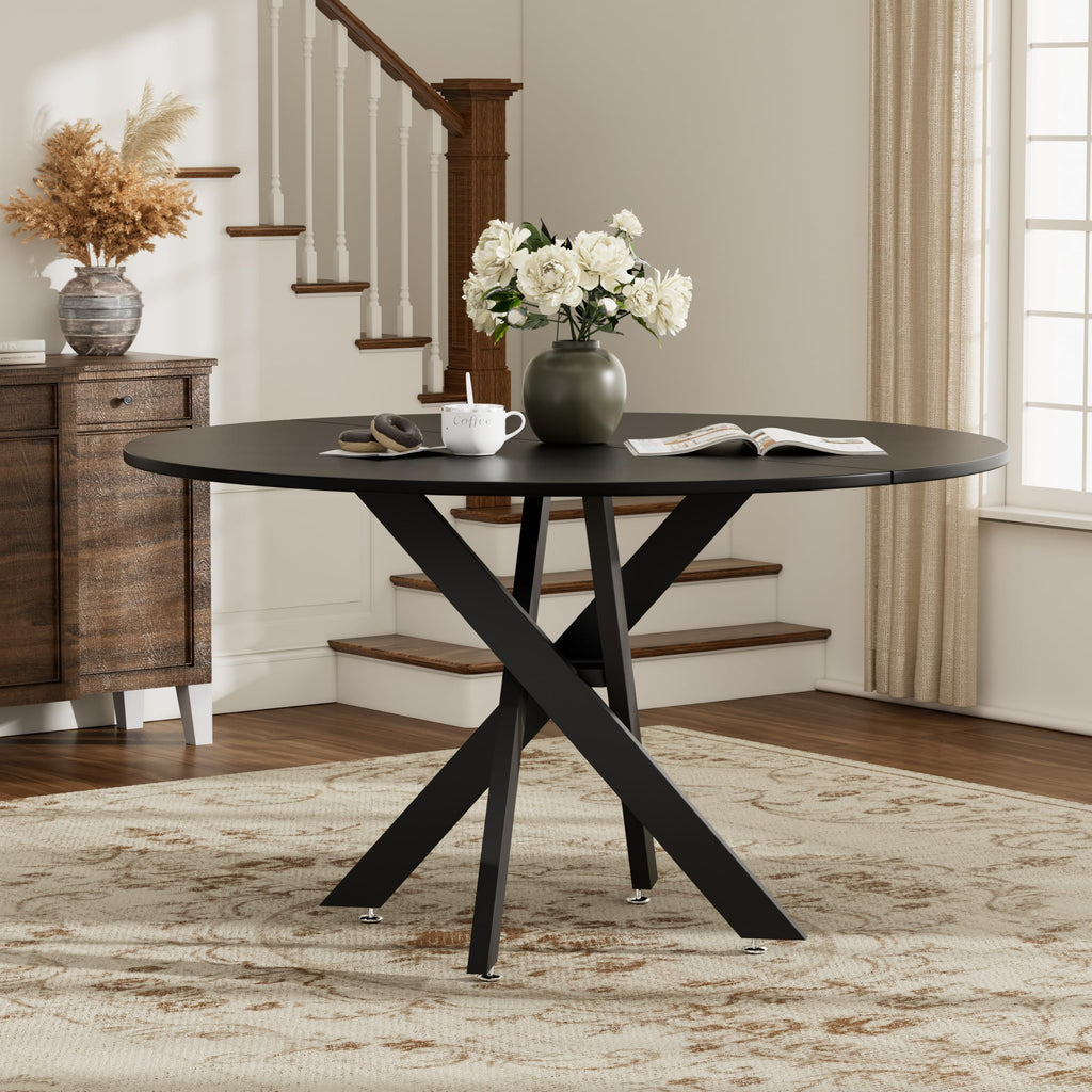 47" Modern Round Kitchen Table for 2-6, Save Space Black Wooden Circle Dining Table with Wooden Table Top &