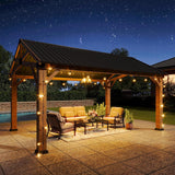 12' x 16' Outdoor Wood Gazebo, Permanent Cedar Wooden Pavilion with Galvanized Steel Hardtop Gable Roof