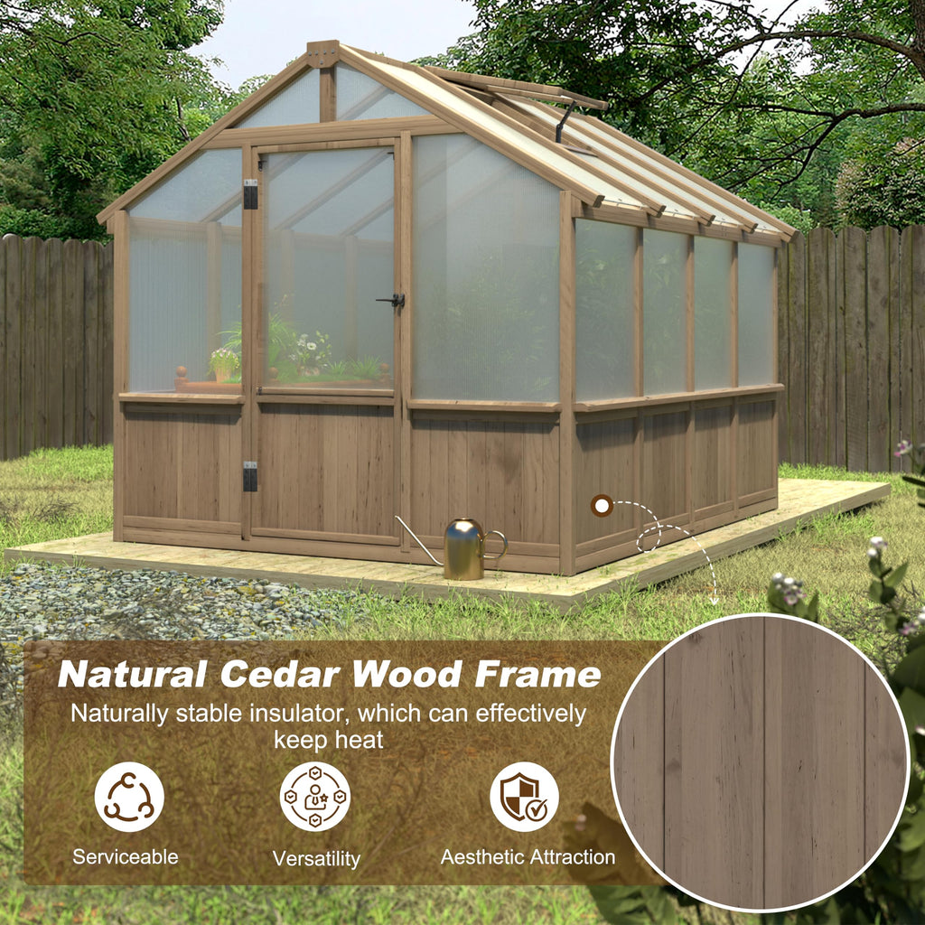 8x8 FT Greenhouses for Outdoors, Cedar Green House with 6MM Polycarbonate Panel, Greenhouse Kit with Adjustable Vent