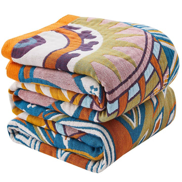 Boho Blanket Soft Muslin BohoThrow Blanket, 100% Cotton Floral Printed Farmhouse Decor All Season Reversible Rustic