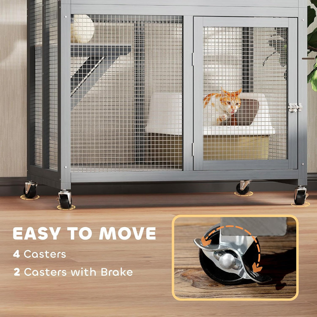 74" Wooden Catio Outdoor Cat Enclosure Weatherproof & Wheeled, Outside Cat House with High Weight Capacity, Kitten