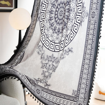Black Medallion Curtains 63 Inches Long, Boho Farmhouse Light Filtering Rod Pocket Drapes with Tassel Trim Living