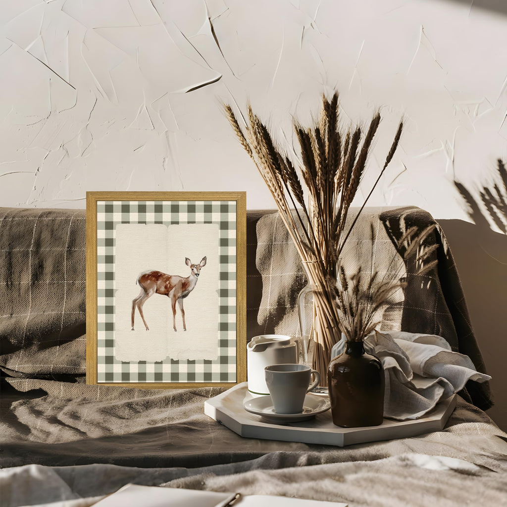 Wood Framed Deer Wall Art Print, Woodland Baby Deer Canvas Poster Wall Decor, Vintage Rustic Green Gingham Farmhouse