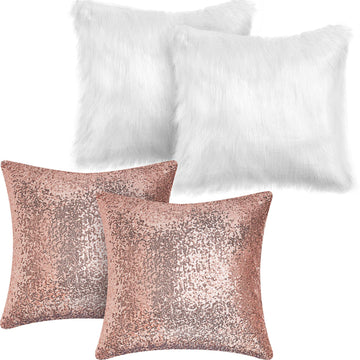 4 Pcs Sequin Fluffy Pillow, Rose Gold, White, 18 x 18 Inch