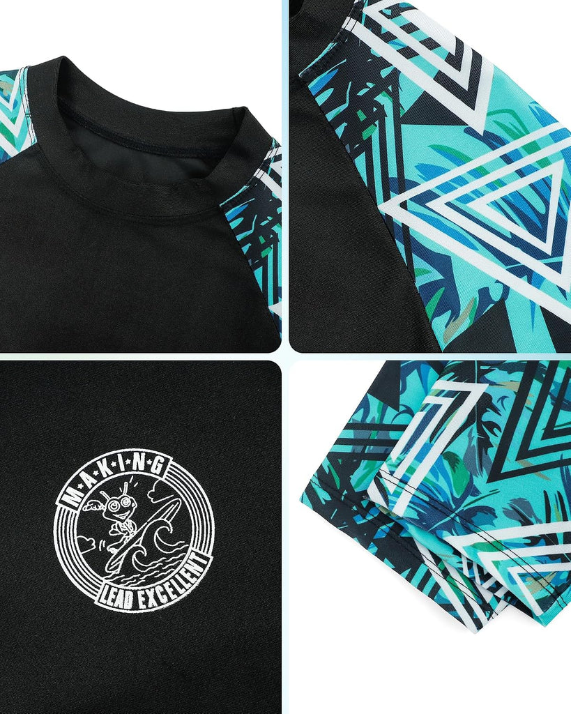 Boys Short Sleeve Rash Guard with Compression Liner Swim Trunks Quick Dry 2 Pieces Sun Shirt Swimwear Set
