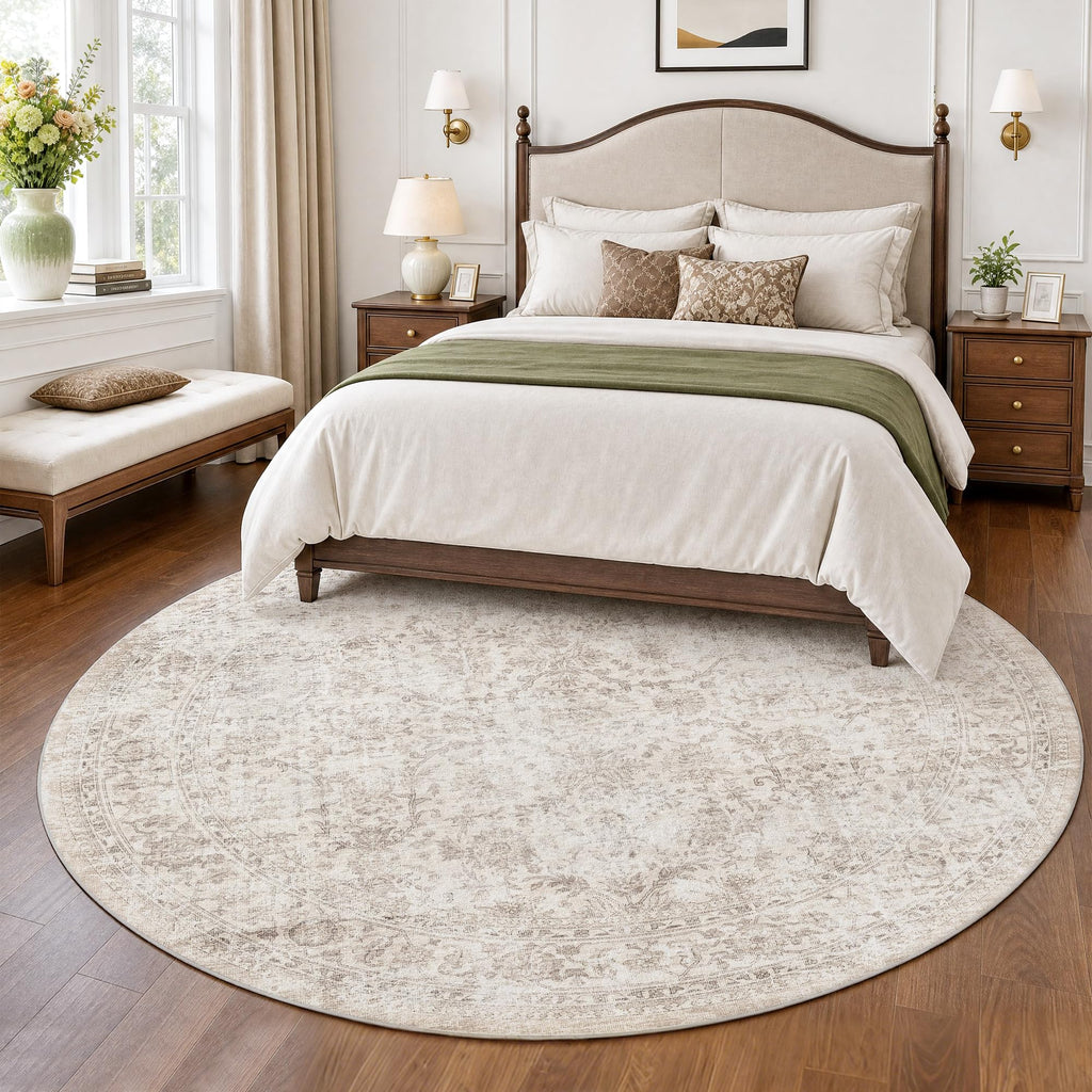 6ft Round Washable Beige Neutral Vintage Area Rug