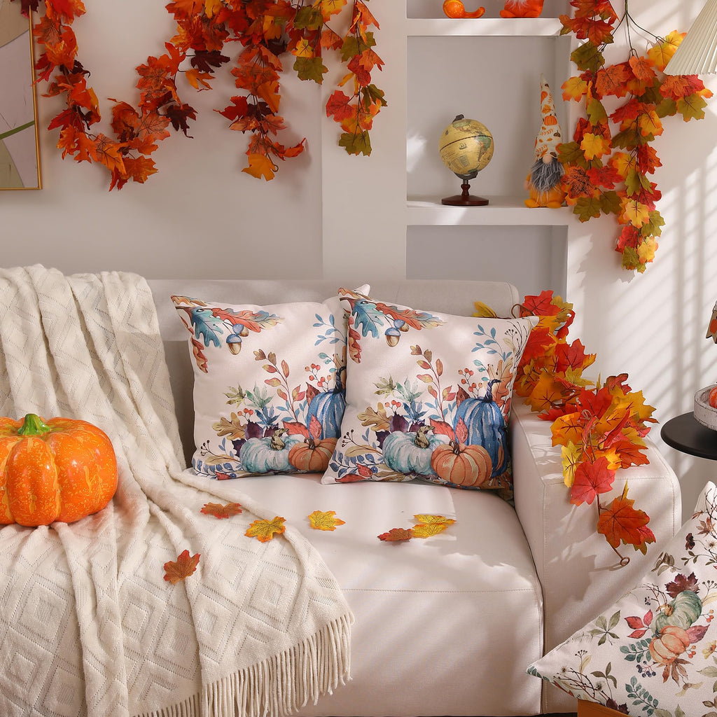 Fall Pillow Covers 18x18 inch Set of 2 Blue and Green Watercolor Pumpkin Fallen Leaves Decorative Throw Pillow Covers