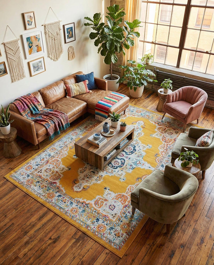 Parker Rug - 10' x 14' Yellow Easy-Clean Rug - Vintage Medallion Style