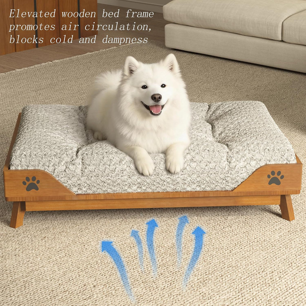Elevated Solid Wood Large Dog Bed - Brown Pet Bed Frame with Soft Cushion Washable, Mid-Century Modern Raised Dog