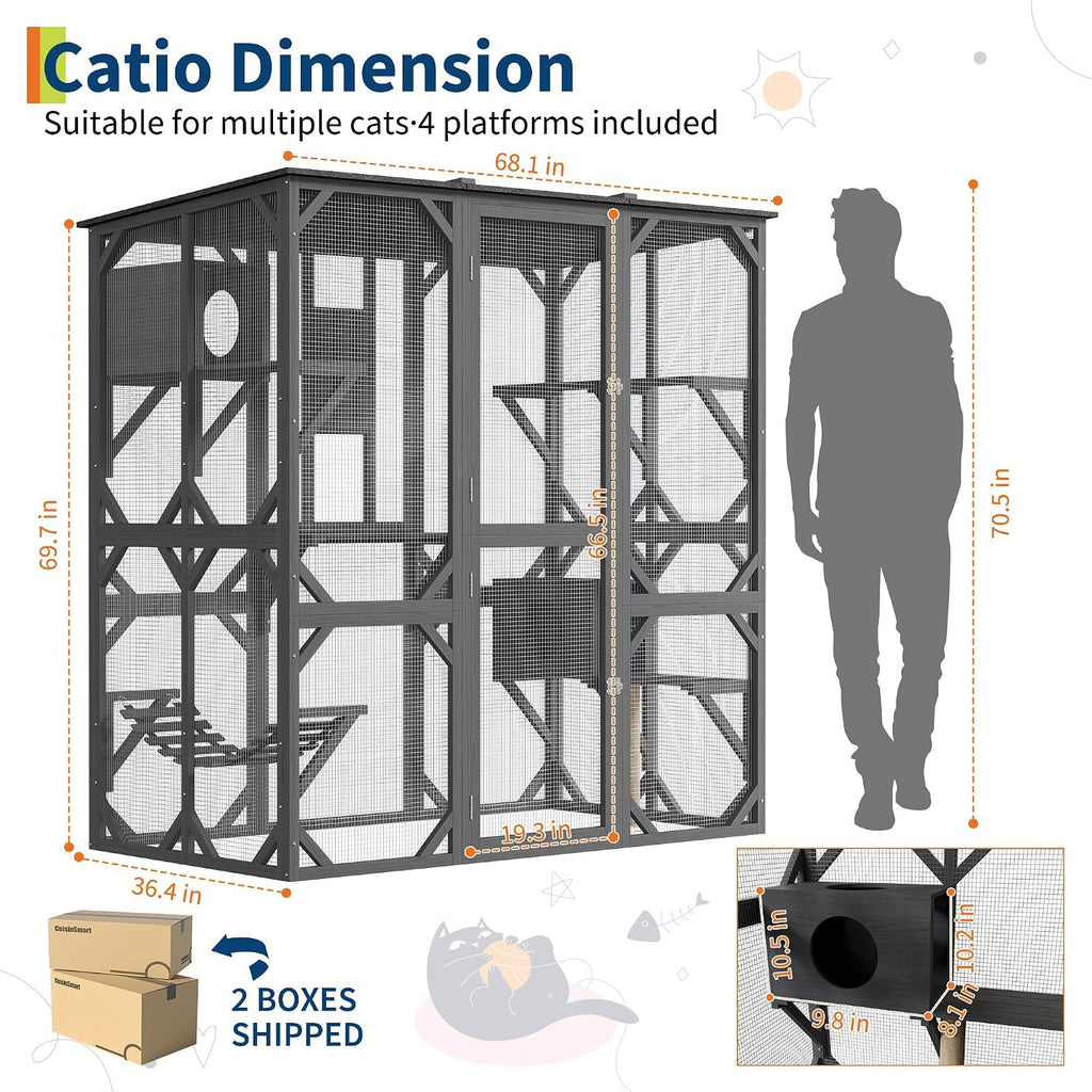 70 Inch Outdoor Catio Cat Enclosure, Walk-in Cat House with Window Access Door and Asphalt Roof, Cats Shelter with 4