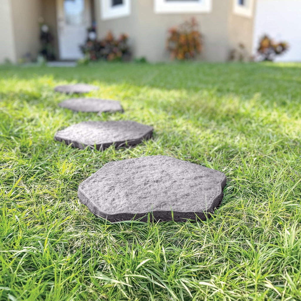 Set of 4, 16x17" Dark Gray Stepping Stone Fiberclay Pavers, Outdoor Garden Natural Repeatable Pattern Pathway, Faux