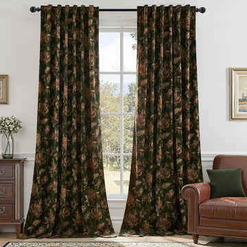 Green Velvet Curtains Moody Floral Print, W52 x L84, 2 Panels