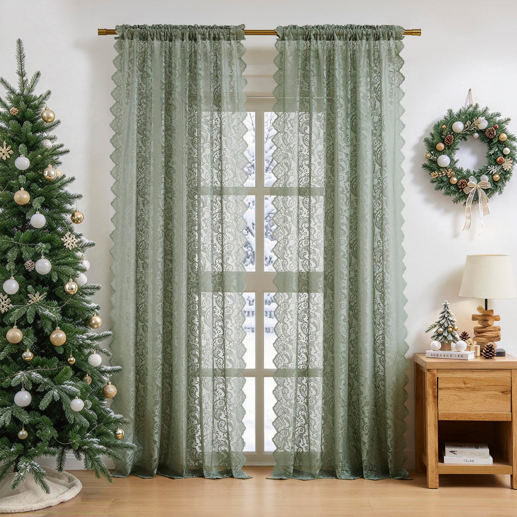 Sage Green Lace Sheer Curtains Small Window Boho Vintage Floral Embroidered Drapes with Scalloped Edge, Light