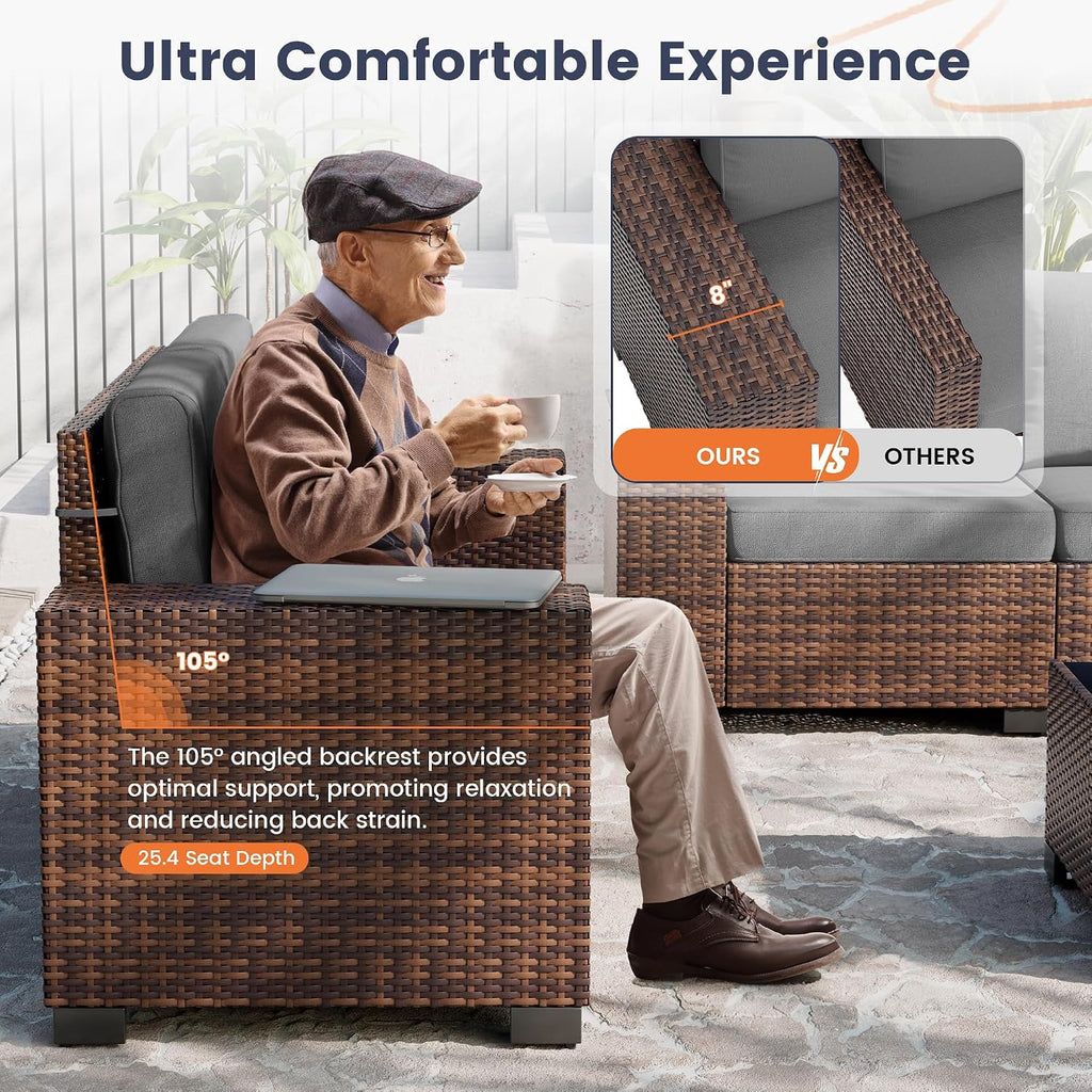 6-Piece Patio Furniture Set, 8 Inch Armrest, 4" Thick Cushion | L Shape Modular Sectional Sofa w/ Glass Coffee Table