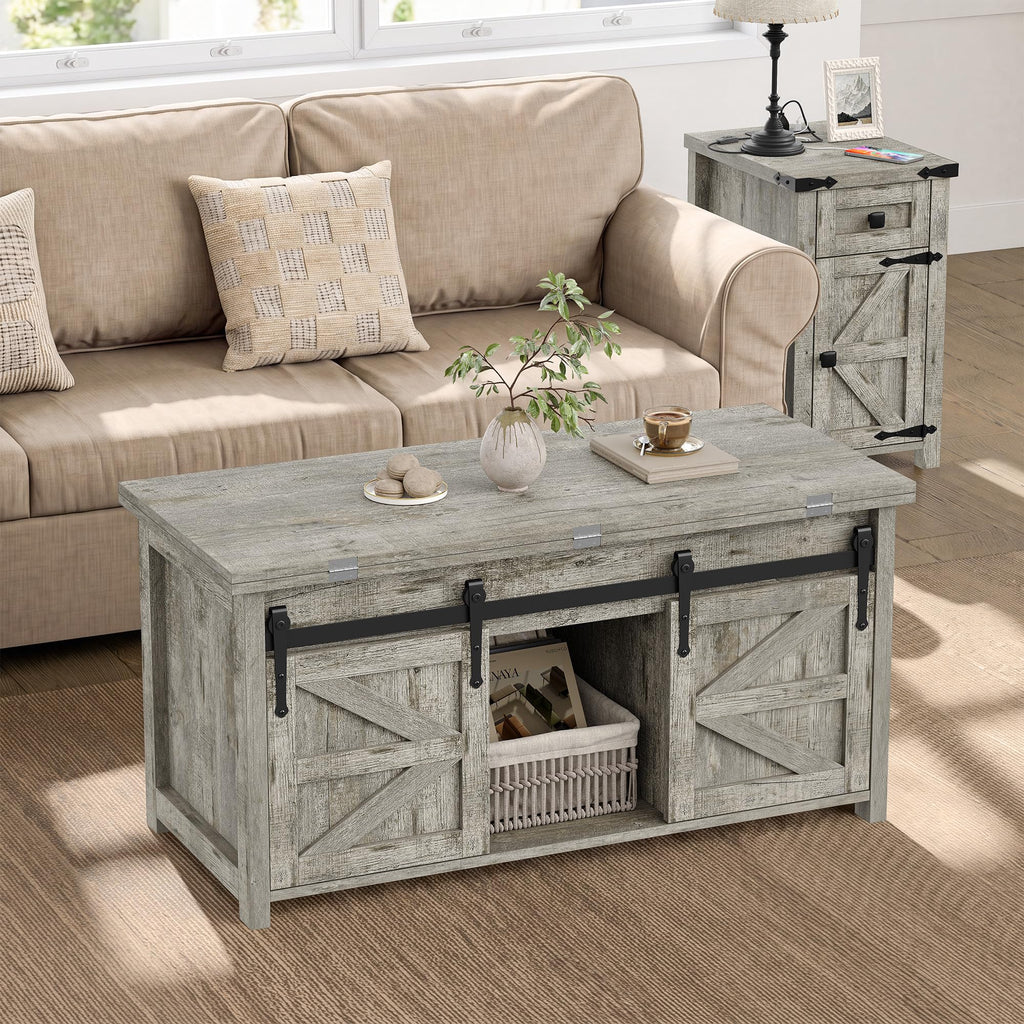 Lift Top Coffee Table with Storage, 4 in 1 Multi-Function Farmhouse Wood Coffee Table with Sliding Barn Doors, Center