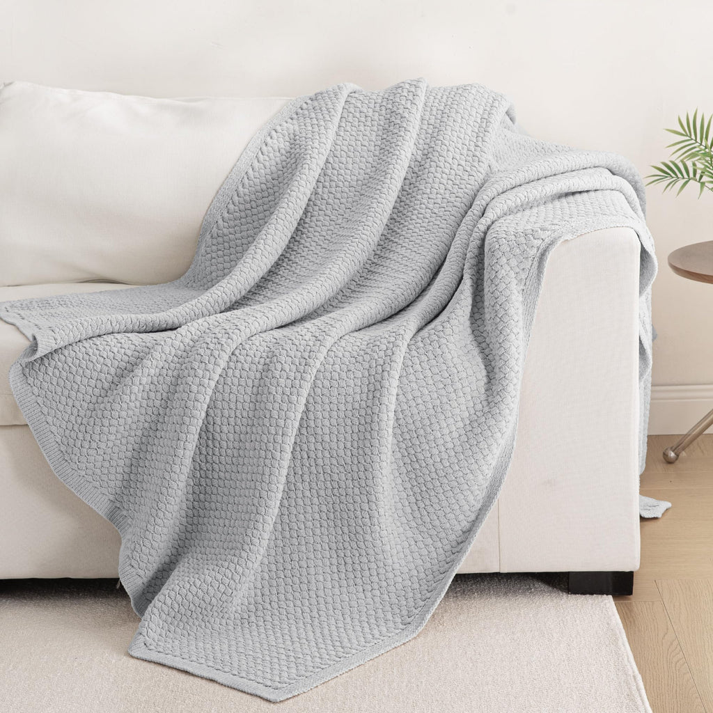 Chunky Knit Chenille Throw Blanket for Couch, Light Grey