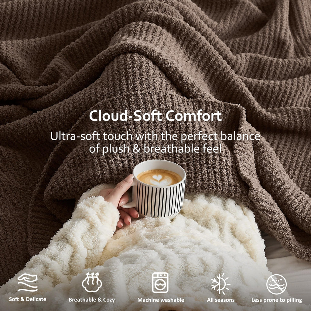 Taupe Waffle Throw Blanket for Couch Bed, Reversible Super Soft Plush Knitted Blanket, Lightweight Cozy Fuzzy Fluffy