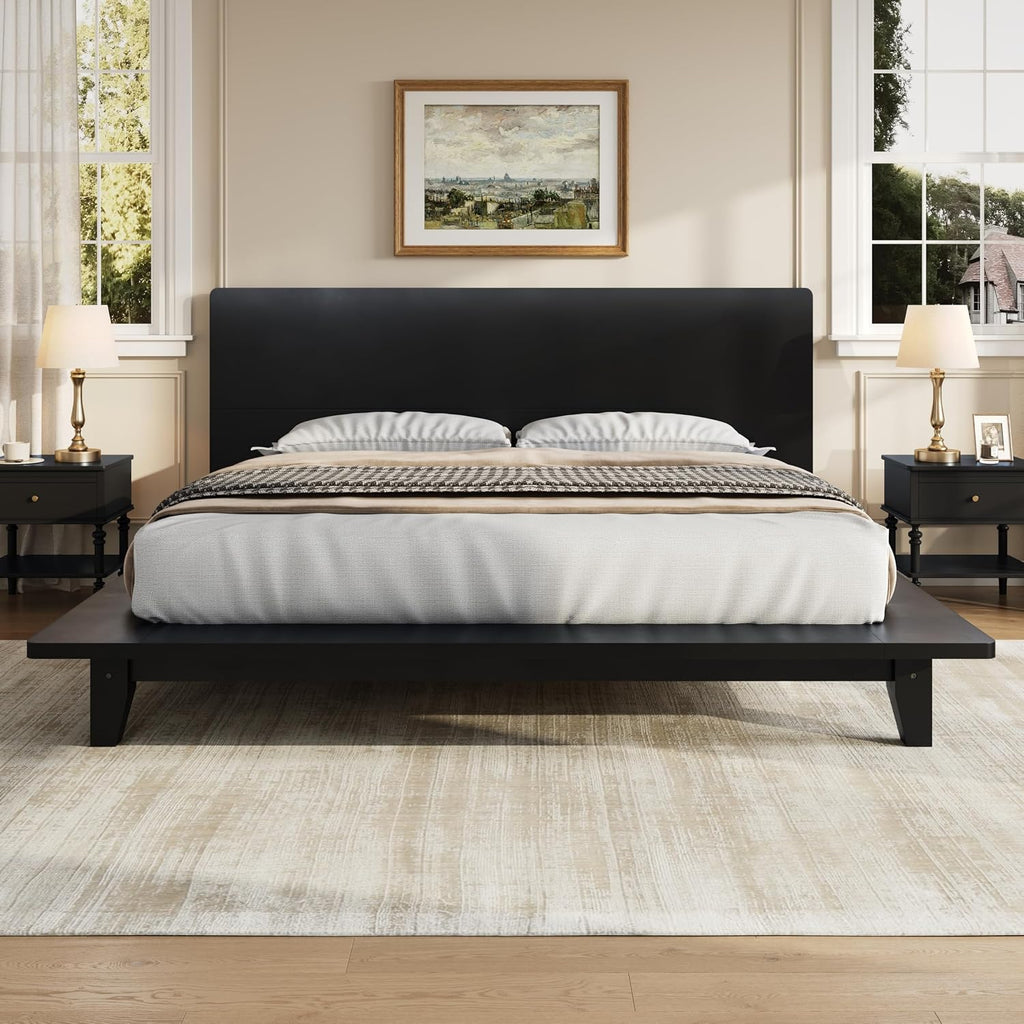 King Size Wooden Bed Frames with Black Headboard, Japanese Pine Wood Platform Bed, Rustic & Mid-Century Modern