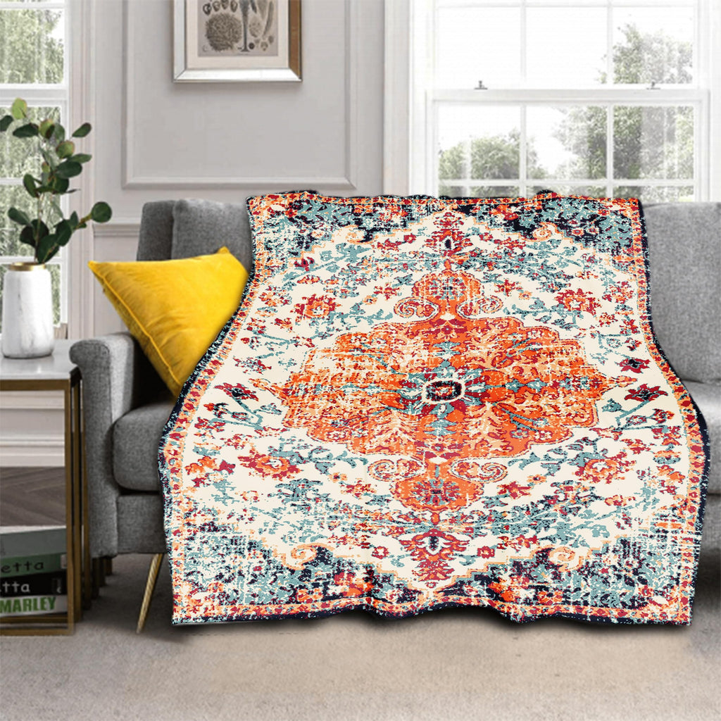 Orange Blue Boho Blanket Soft Flannel Lightweight Rust Teal Bohemian Throw Blanket Cozy Warm Vintage Aztec Carpet