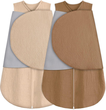 Sleep Sack Baby Swaddle,100% Muslin Cotton, Way Adjustable Wearable Blanket,Swaddling Sleeping Bag (2, Beige