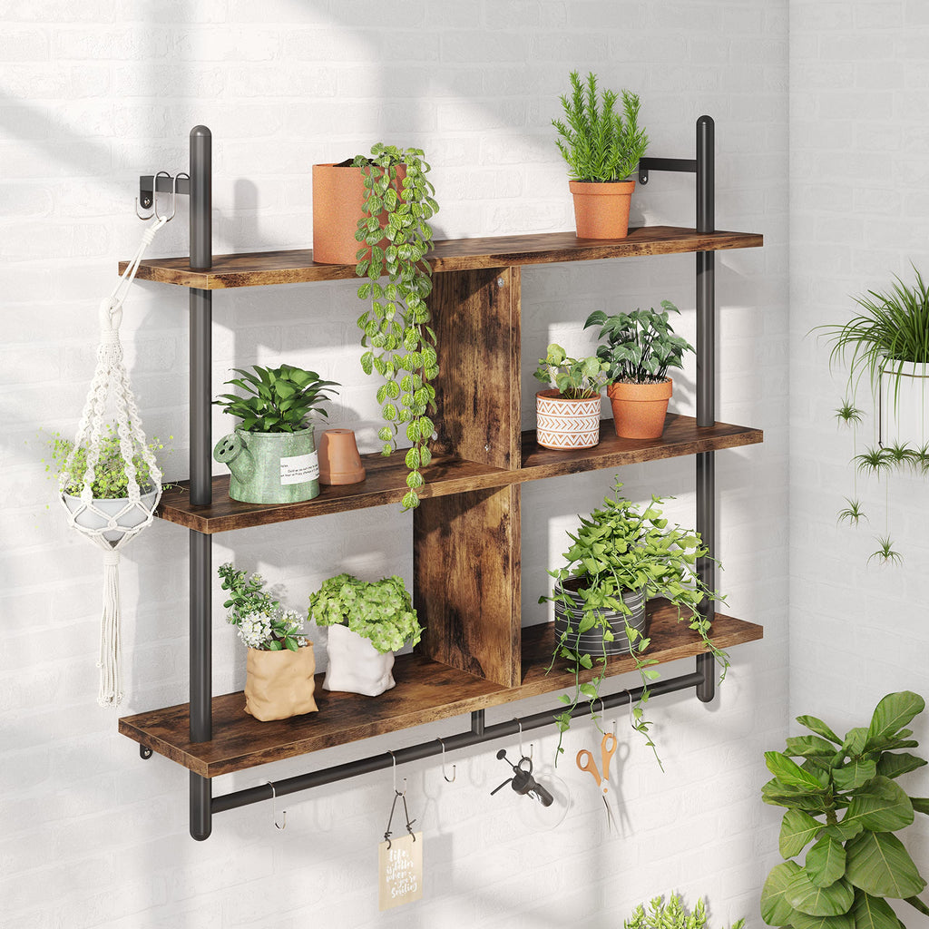 41.5" Floating Shelves for Wall 3 Tier Kitchen Shelves Wall Mounted Coffee Bar Shelf Hanging Shelf with 8 Hooks