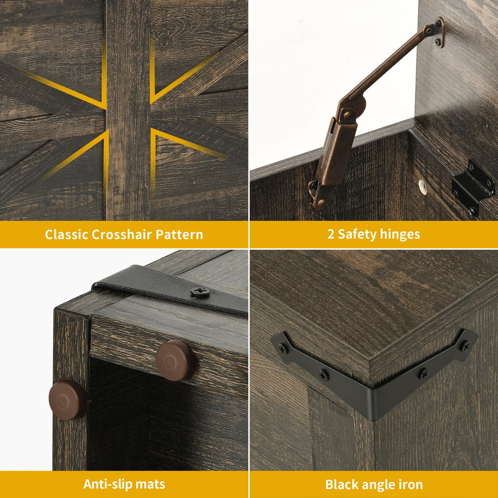 Storage Bench, 47.2" Farmhouse Storage Chest with 2 Safety Hinges, Wooden Storage Organizer, Shoe Bench, Dark Rustic