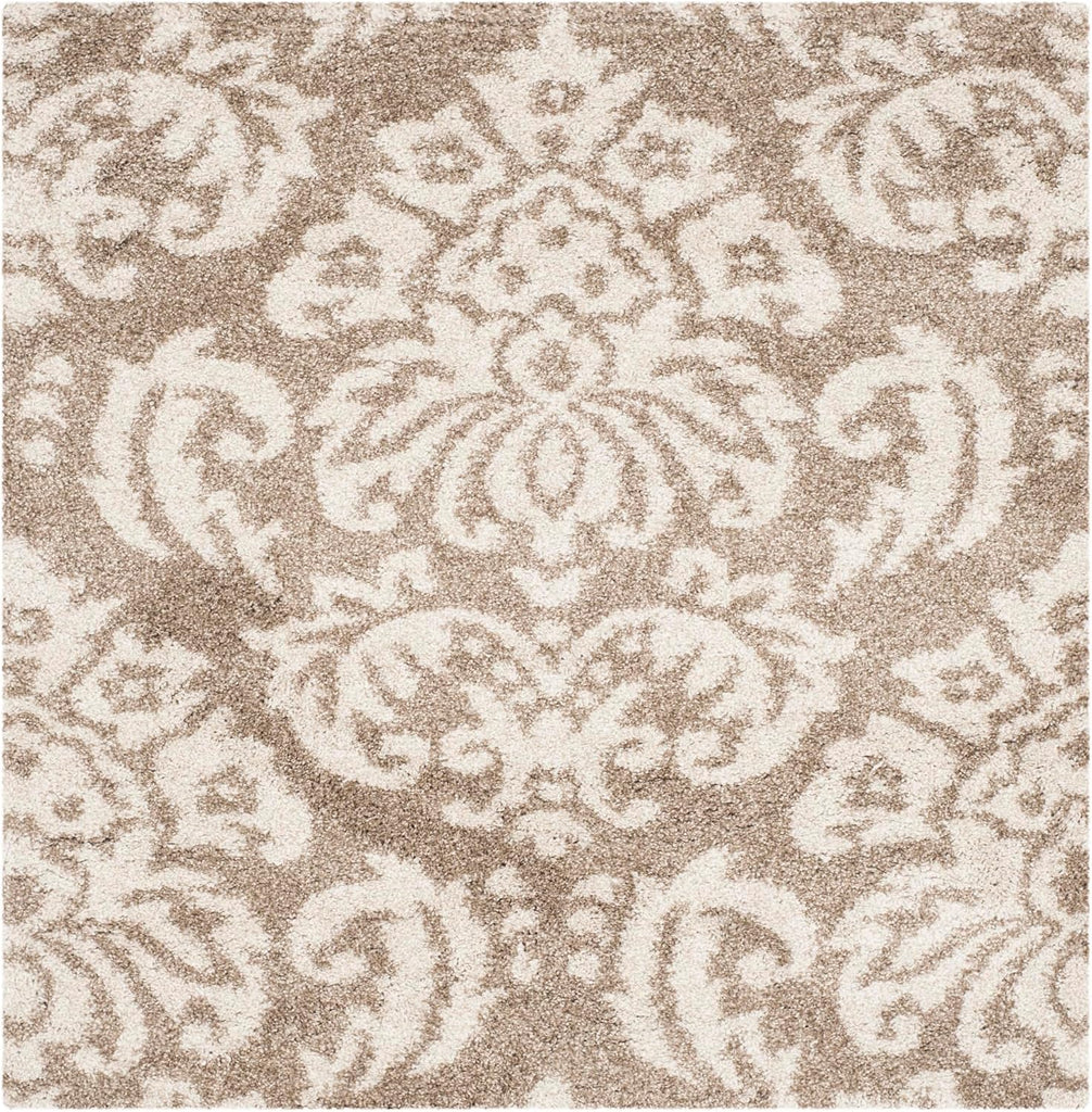 Florida Shag Collection Area Rug - 4' Square, Beige & Cream, Damask Design, Non-Shedding & Easy Care, 1.2-inch Thick