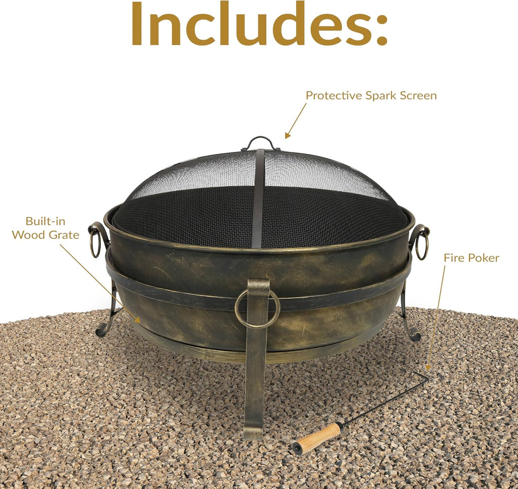34-Inch Steel Large Fire Pit for Outside - Wood-Burning Fire Pit Bowl for Outdoors with Spark Screen, Log Poker