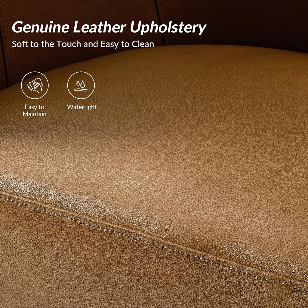 Genuine Leather Swivel Accent Chair with Wood Base, Camel