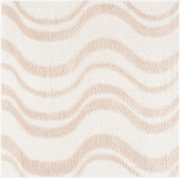 Norway Shag Collection Area Rug - 6'7" Square, Beige & Ivory, Wave Design, Non-Shedding & Easy Care, 1.2-inch Thick