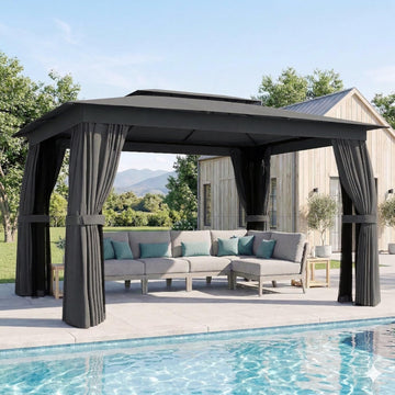 10' x 12' Outdoor Patio Gazebo, Heavy Duty Gazebo Canopy Shelter with Double Roof, Curtains, Netting, Steel Frame