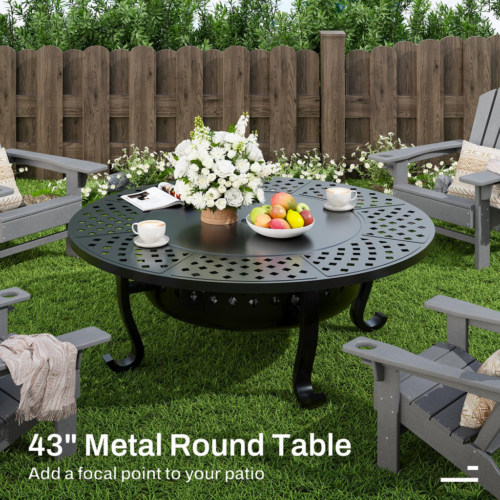 43" Outdoor Fire Pit with 2 Grill, Wood Burning Firepit for Outside with Lid & Fire Poker, Round Metal Table Backyard