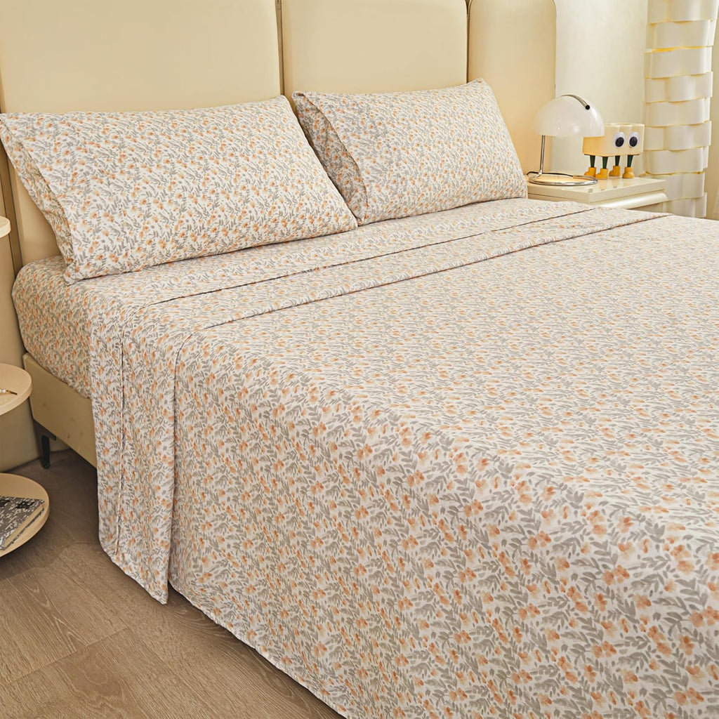 Floral Queen Sheet Set - 4 Piece Vintage Light Orange Flower Patterned Bed Sheets - Soft, Breathable Microfiber
