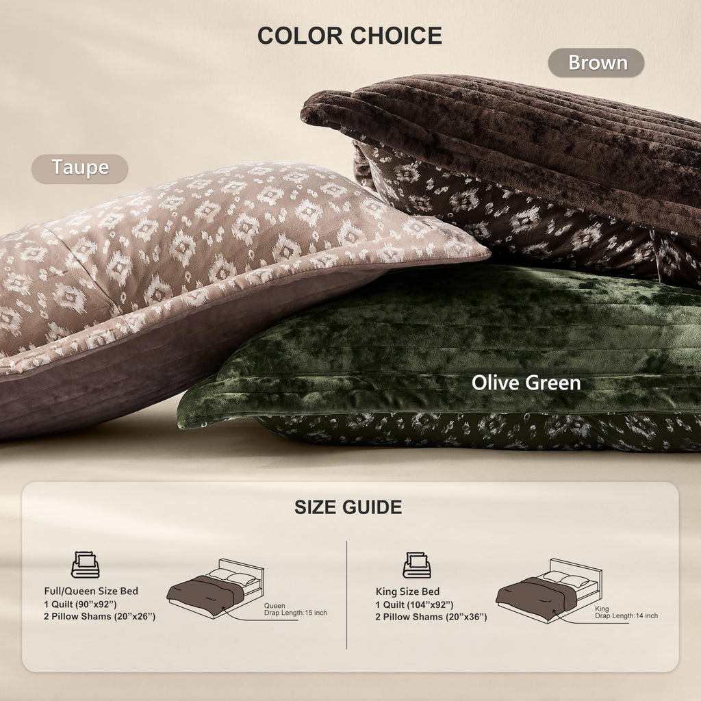 Green Velvet Quilt Set - Striped Soft Lightweight Bedspread, Neutral Channel Farmhouse Country Rustic