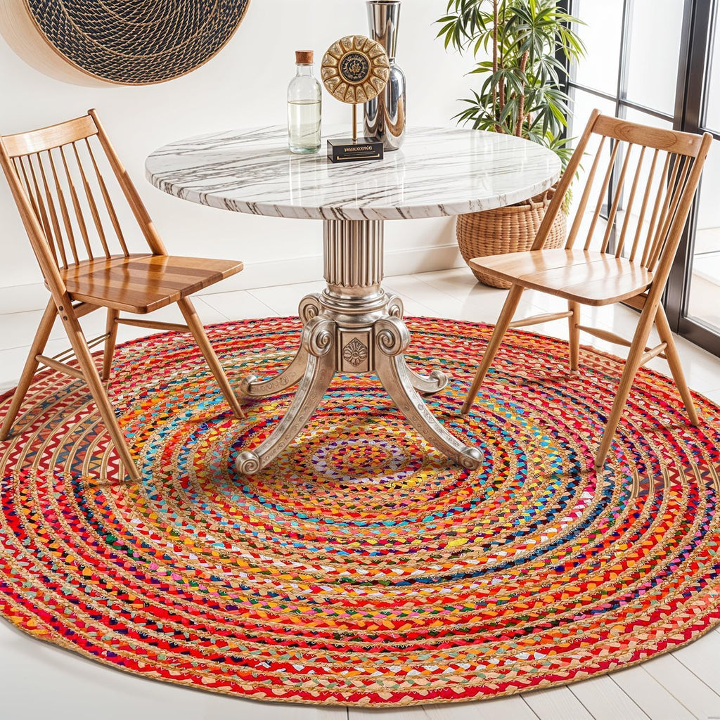 Jute Cotton Area Rug 5ft Round Natural Handwoven Colorful Boho Rug | Jute & Cotton Chindi Braided Rag Rug Multi